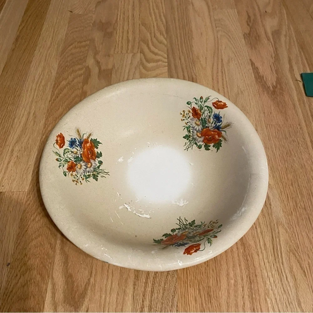 Vintage McCoy Pottery Floral Pitcher & Bowl Red White Blue Ceramic